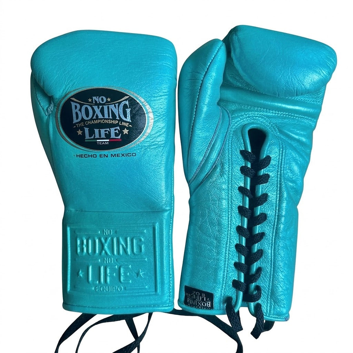No Boxing No Life turquoise boxing gloves, aqua all over with contrasting black laces at the wrist