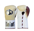 Grant beige boxing glove with white crocodile-embossed palm and brown thumb, shown in lace-up style