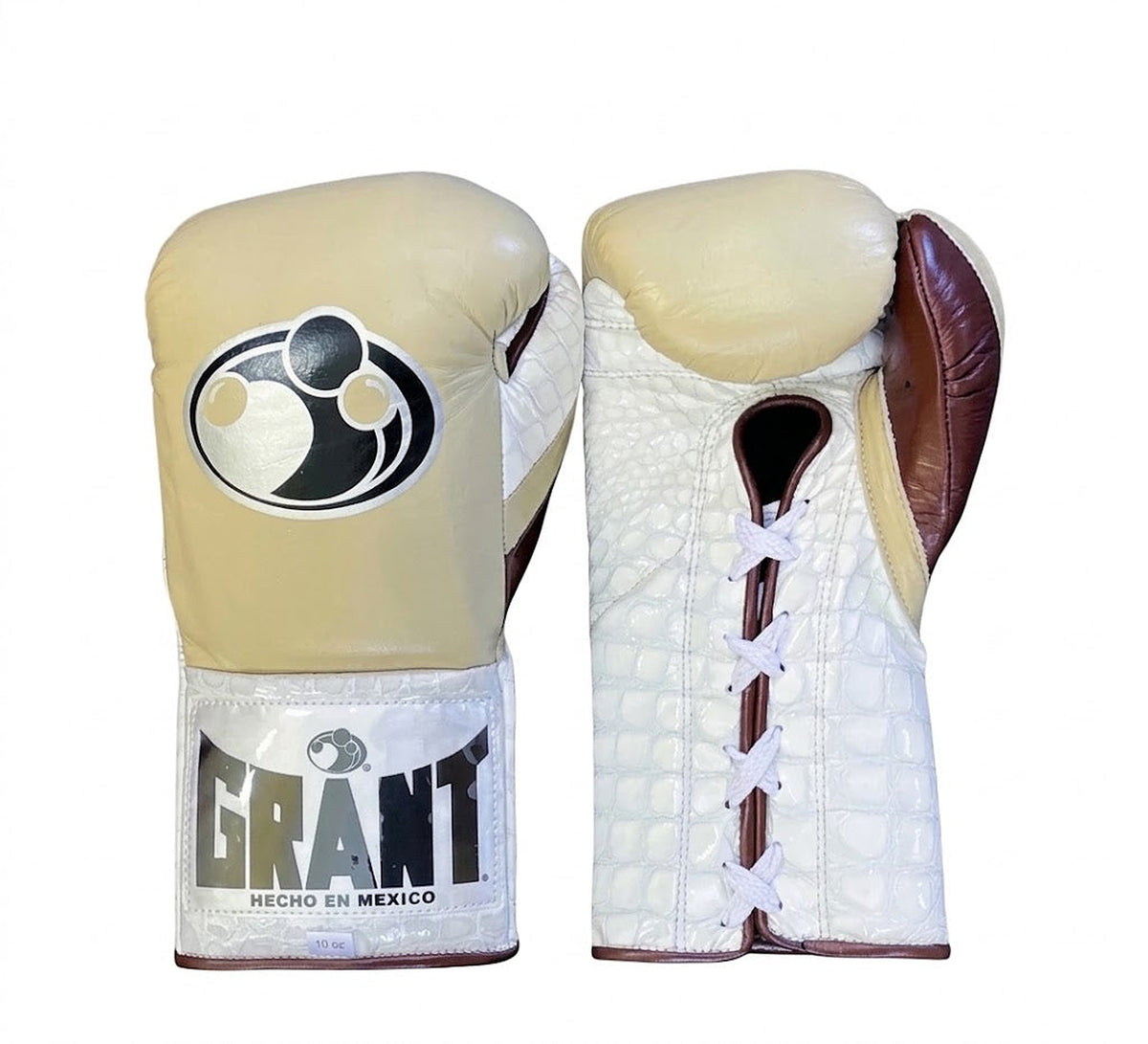 Grant beige boxing glove with white crocodile-embossed palm and brown thumb, shown in lace-up style