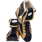 Front view of Winning FOLD Type boxing shoes showing black laces and the gold leather toe caps