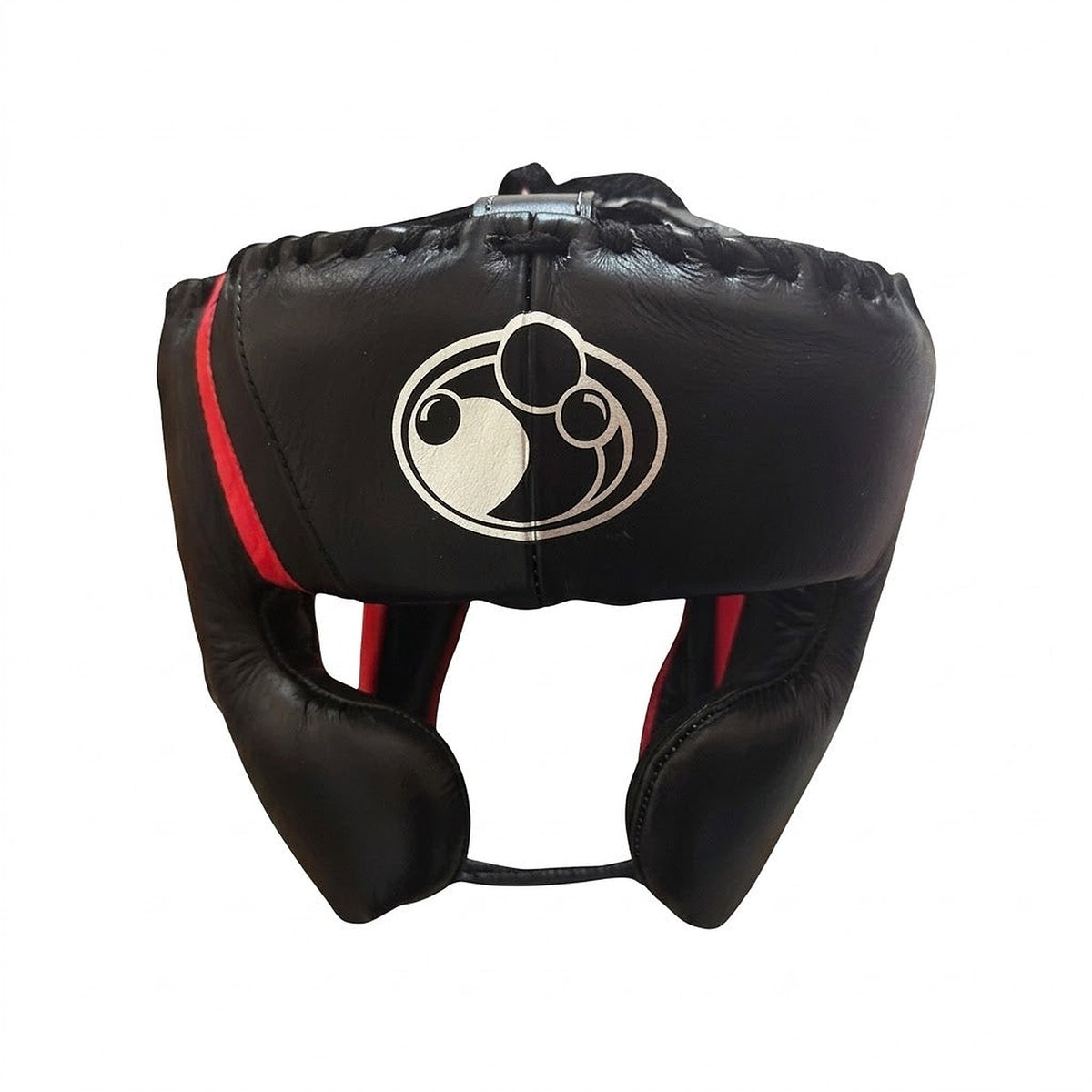 Grant black boxing set with red trim including lace-up gloves, headgear and groin guard laid out together - side view