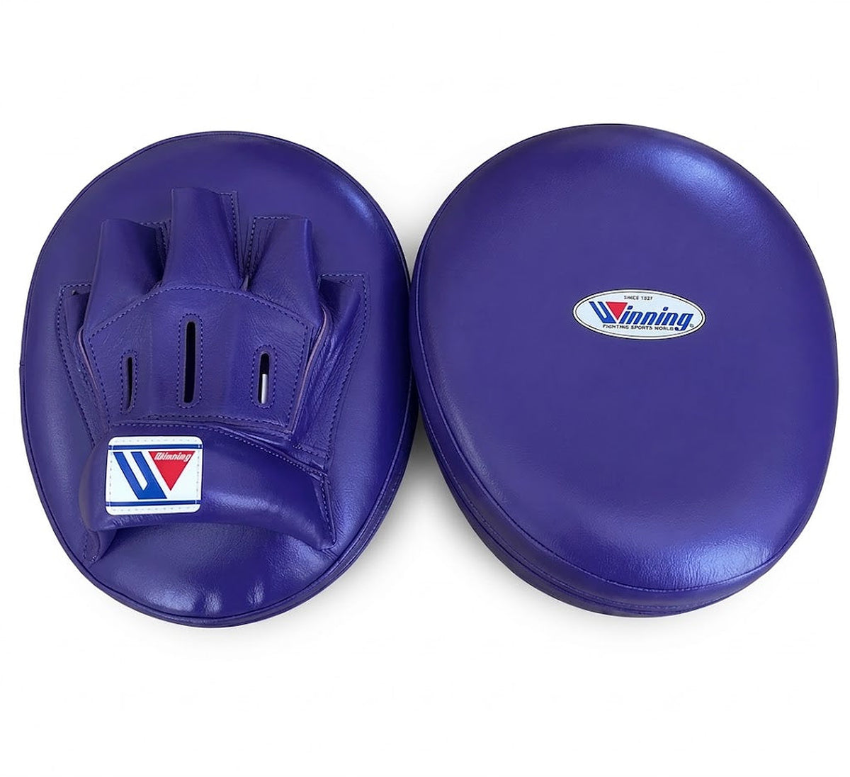 Winning purple curved focus mitts in a rich even purple shade, shown as a matching left and right pair