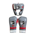 Grant metallic silver-gray lace-up gloves and headgear with red cuff trim and decorative character print