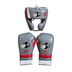 Grant metallic silver-gray lace-up gloves and headgear with red cuff trim and decorative character print