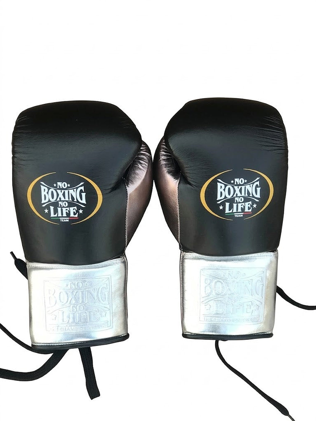 No Boxing No Life lace-up boxing gloves with black back and metallic silver palm and cuff - side view