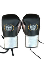 No Boxing No Life lace-up boxing gloves with black back and metallic silver palm and cuff - side view