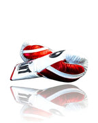 Grant white lace-up boxing gloves with thin red seam piping and a red trim around the cuff - side view
