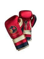 Grant metallic red lace-up boxing gloves, headgear and groin guard finished with gold trim - palm and closure detail
