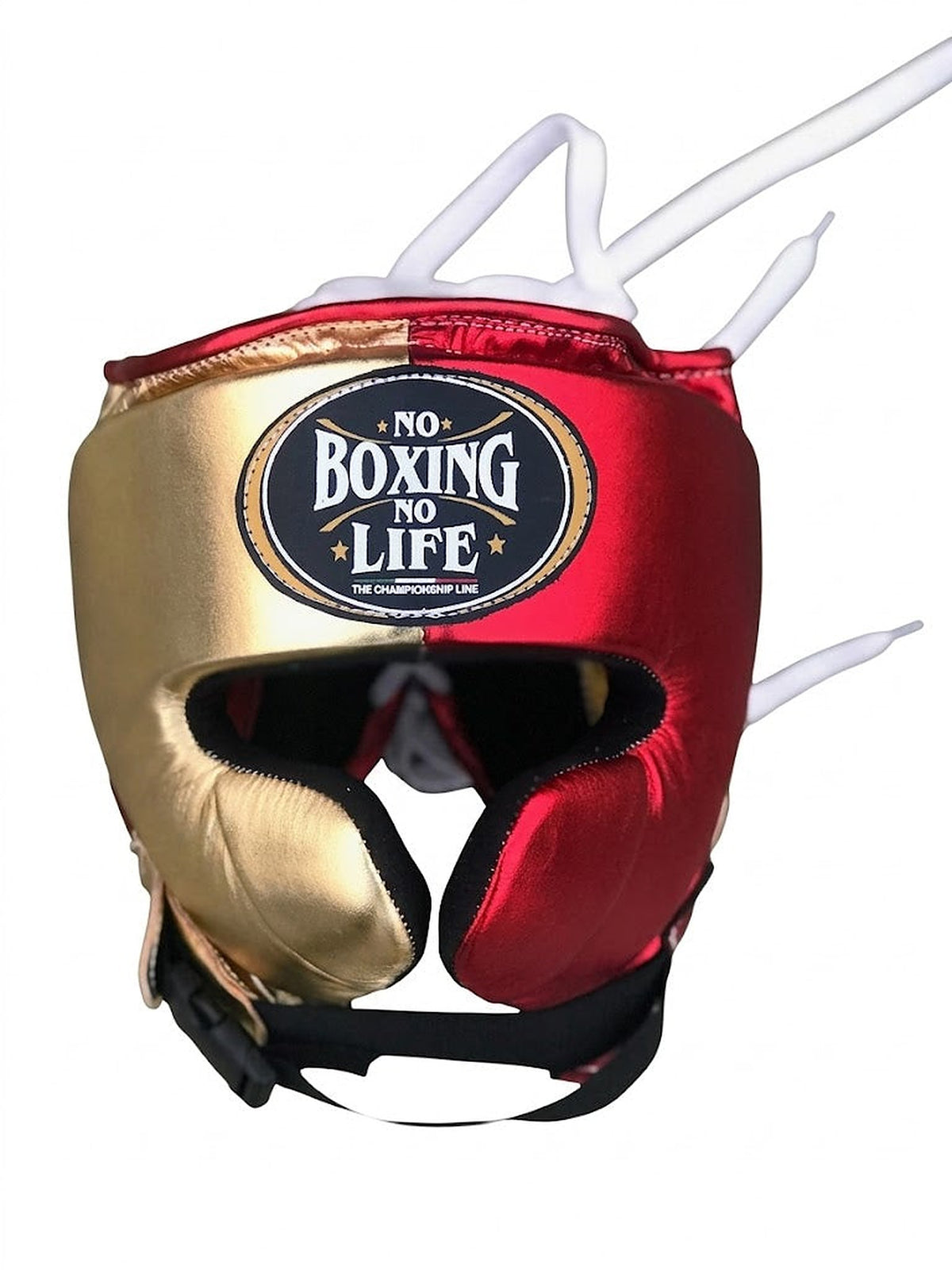 No Boxing No Life lace-up boxing set split metallic red and champagne gold, gloves, headgear and cup - side view