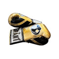 Grant metallic gold lace-up boxing gloves with black laces and black trim around the cuff