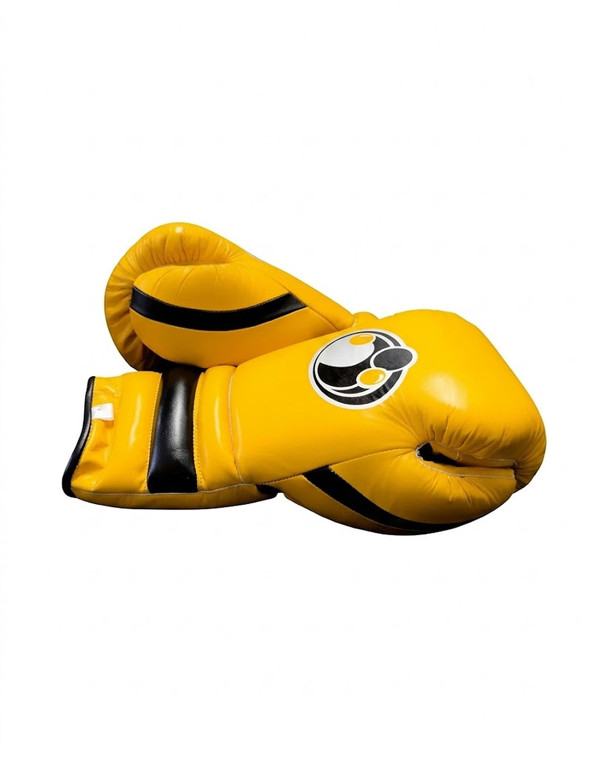 Grant bold yellow lace-up boxing gloves with black stripe across the cuff and black laces - side view