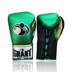 Grant metallic green lace-up boxing gloves, headgear and groin guard with black palms and gold name print - side view
