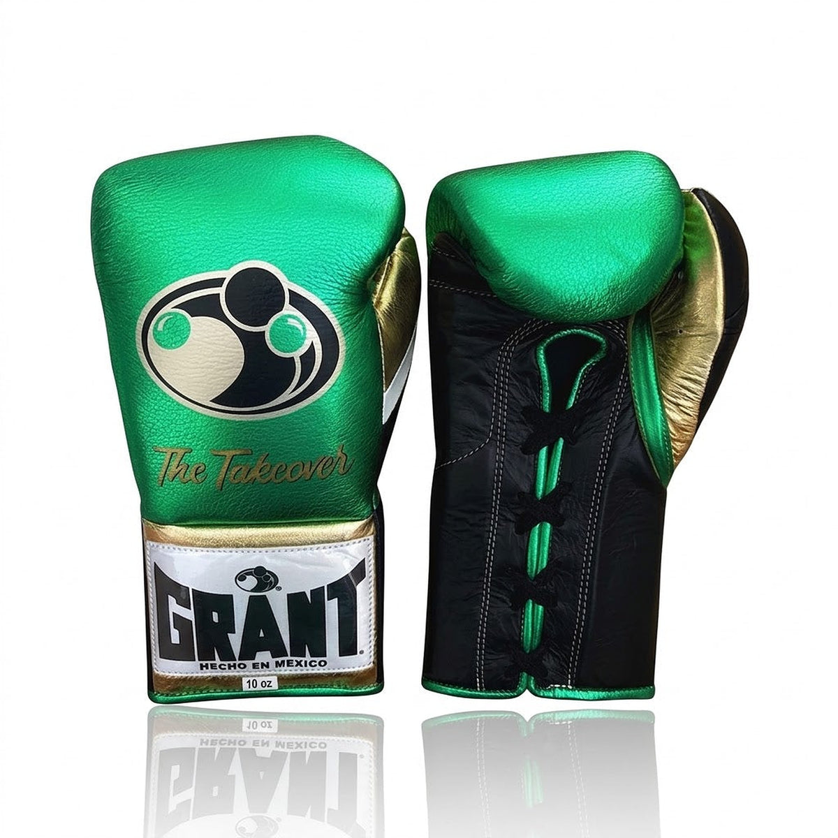 Grant metallic green lace-up boxing gloves, headgear and groin guard with black palms and gold name print - side view