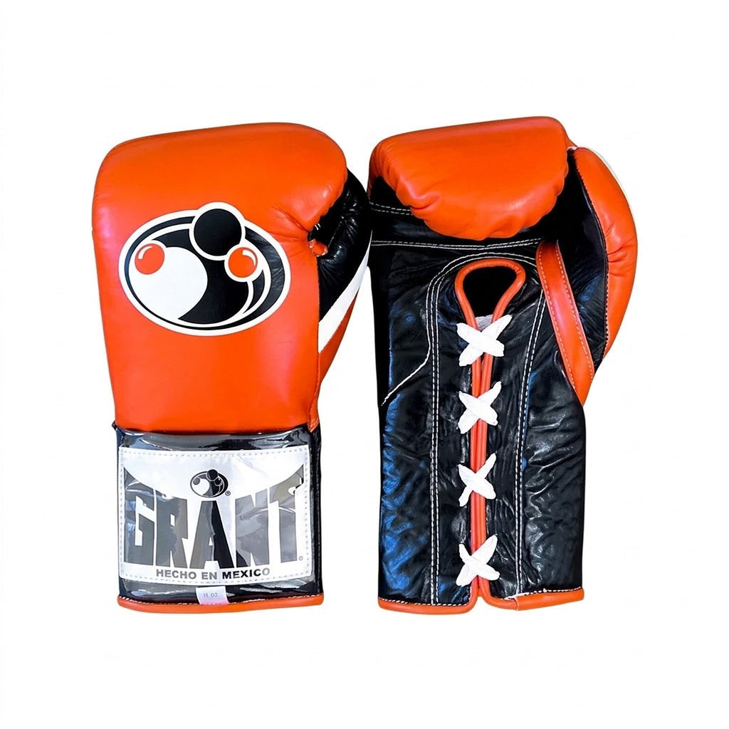 Grant bright orange boxing gloves with black palm, white laces and orange edge around the cuff