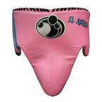 Grant pink lace-up boxing gloves with black palms and aqua trim, plus matching pink headgear and groin guard - side view
