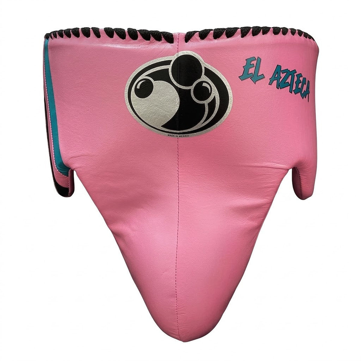 Grant pink lace-up boxing gloves with black palms and aqua trim, plus matching pink headgear and groin guard - side view