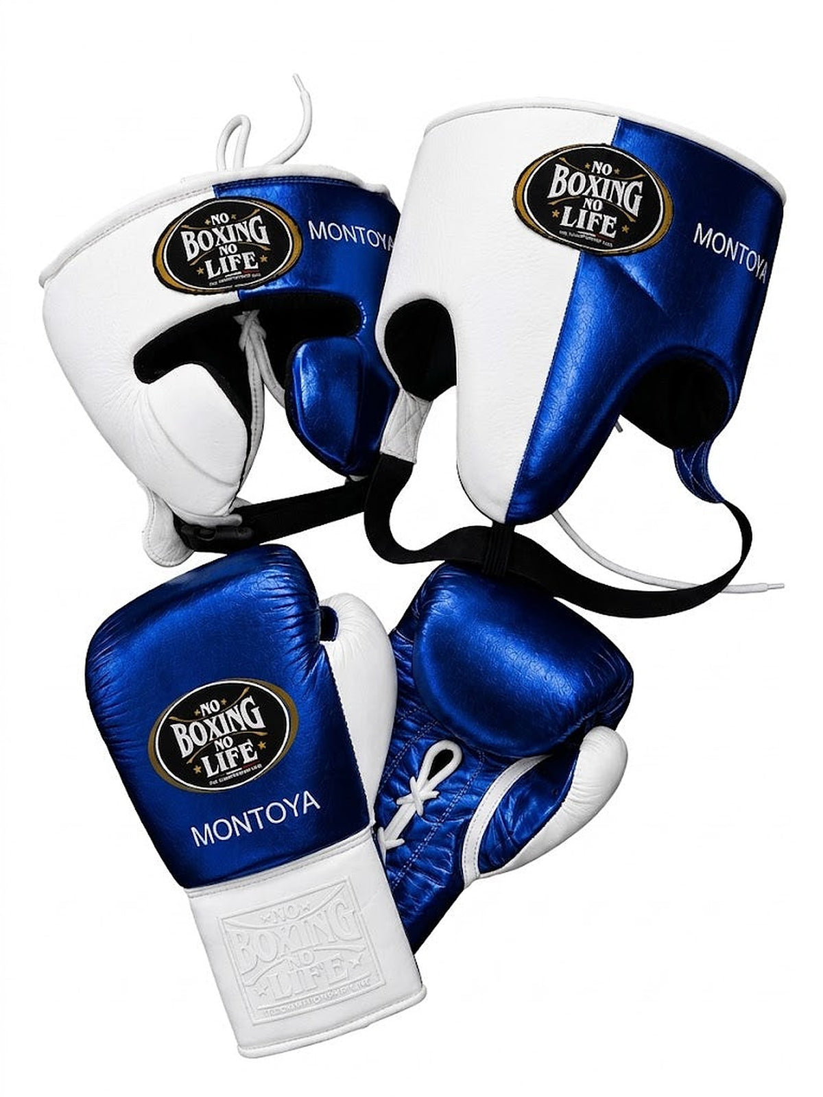 No Boxing No Life boxing set half white and half metallic royal blue, lace-up gloves beside matching headgear