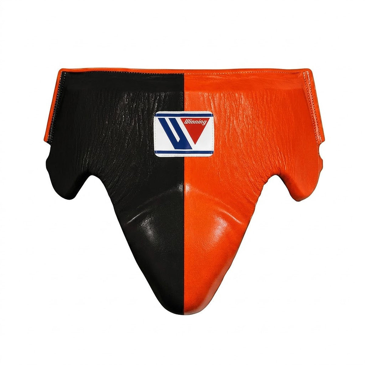 Winning groin guard split half black and half orange with wide waistband and padded cup