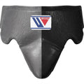 Winning groin guard split into a gray half and a black half for a subtle two-tone look, front view