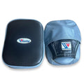Winning focus mitts with black curved striking face and light gray-blue back, left and right pair shown
