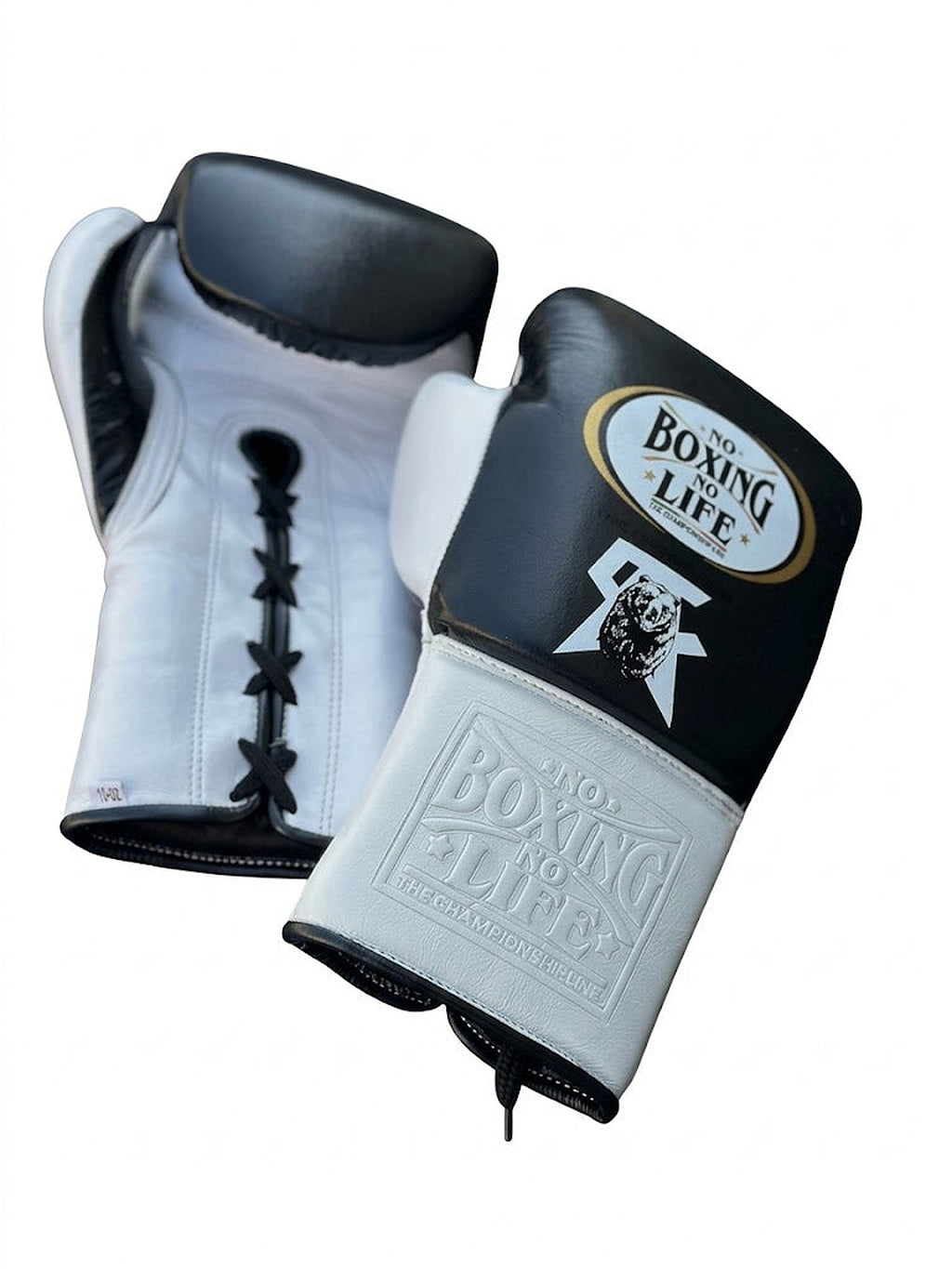No Boxing No Life black lace-up gloves with silver cuff, white palm, white monogram and mascot logo - side view