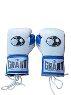 Grant boxing gloves with white back, shiny metallic blue palm and white laces, lace-up fight style - palm and closure detail