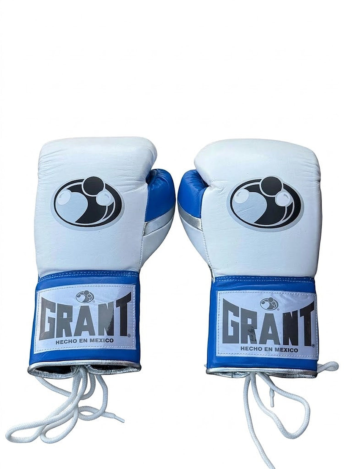 Grant boxing gloves with white back, shiny metallic blue palm and white laces, lace-up fight style - palm and closure detail