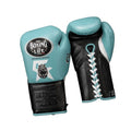 No Boxing No Life lace-up gloves with pastel teal back, black palm, black cuff and mascot logo