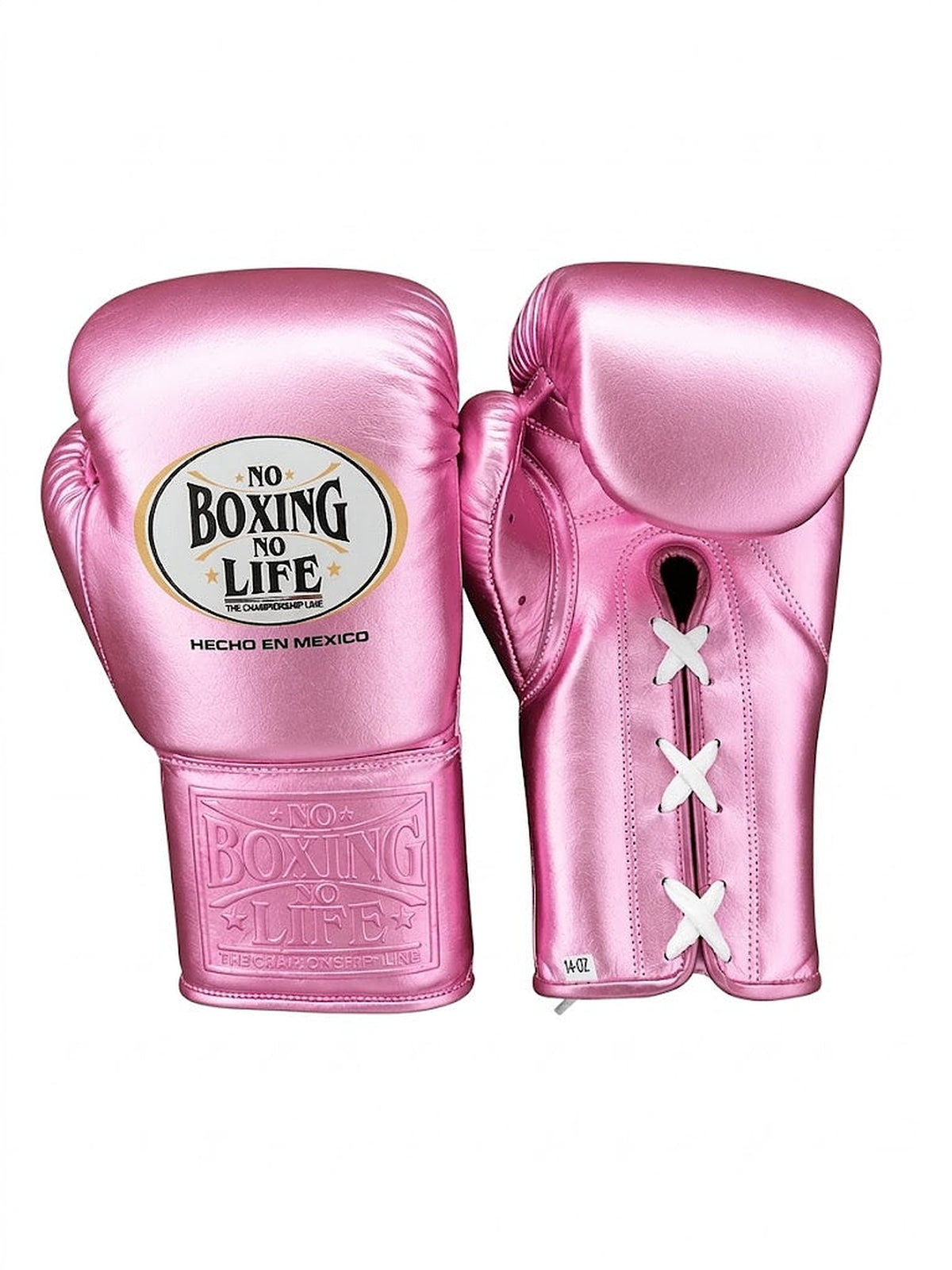 No Boxing No Life lace-up boxing gloves in shiny metallic pink all over with white laces
