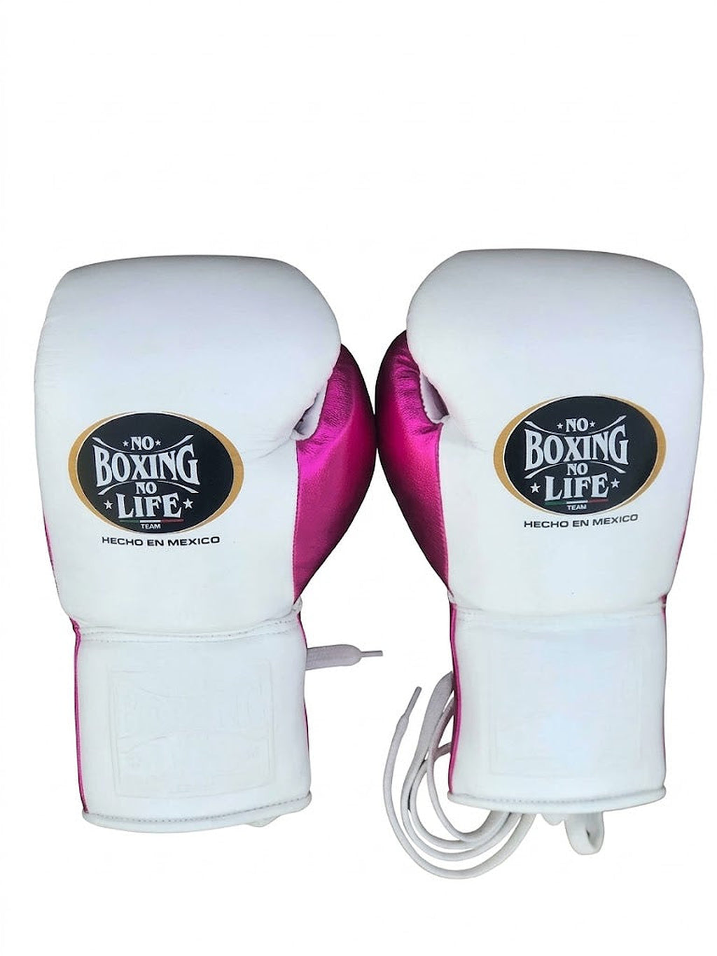 No Boxing No Life white boxing gloves with a shiny metallic pink palm and white lace-up wrist