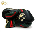 Grant all-black lace-up boxing gloves with green and red cuff bands, gold logo and gold lace eyelets - side view