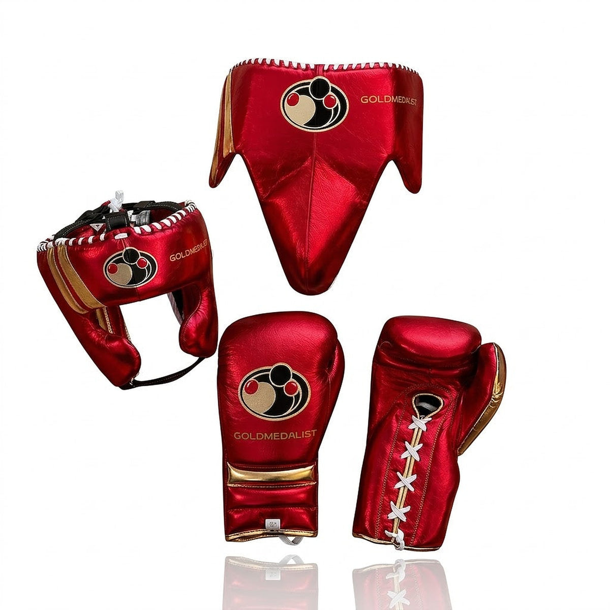 Grant metallic red lace-up gloves, matching red headgear and red groin guard with round Grant logo on the gloves
