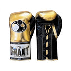 Grant metallic gold lace-up boxing gloves with black laces and black trim around the cuff - side view