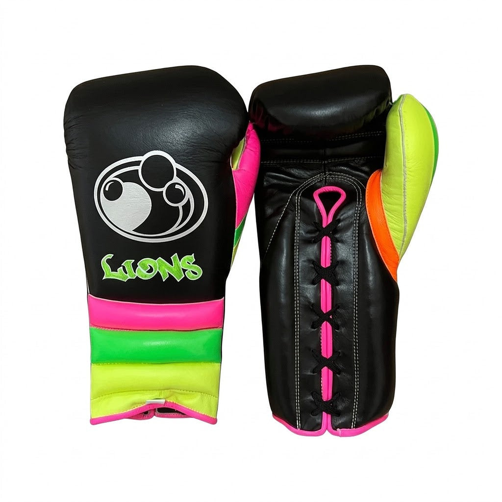 Grant black lace-up boxing gloves, headgear and groin guard with neon pink and lime green cuff stripes - side view