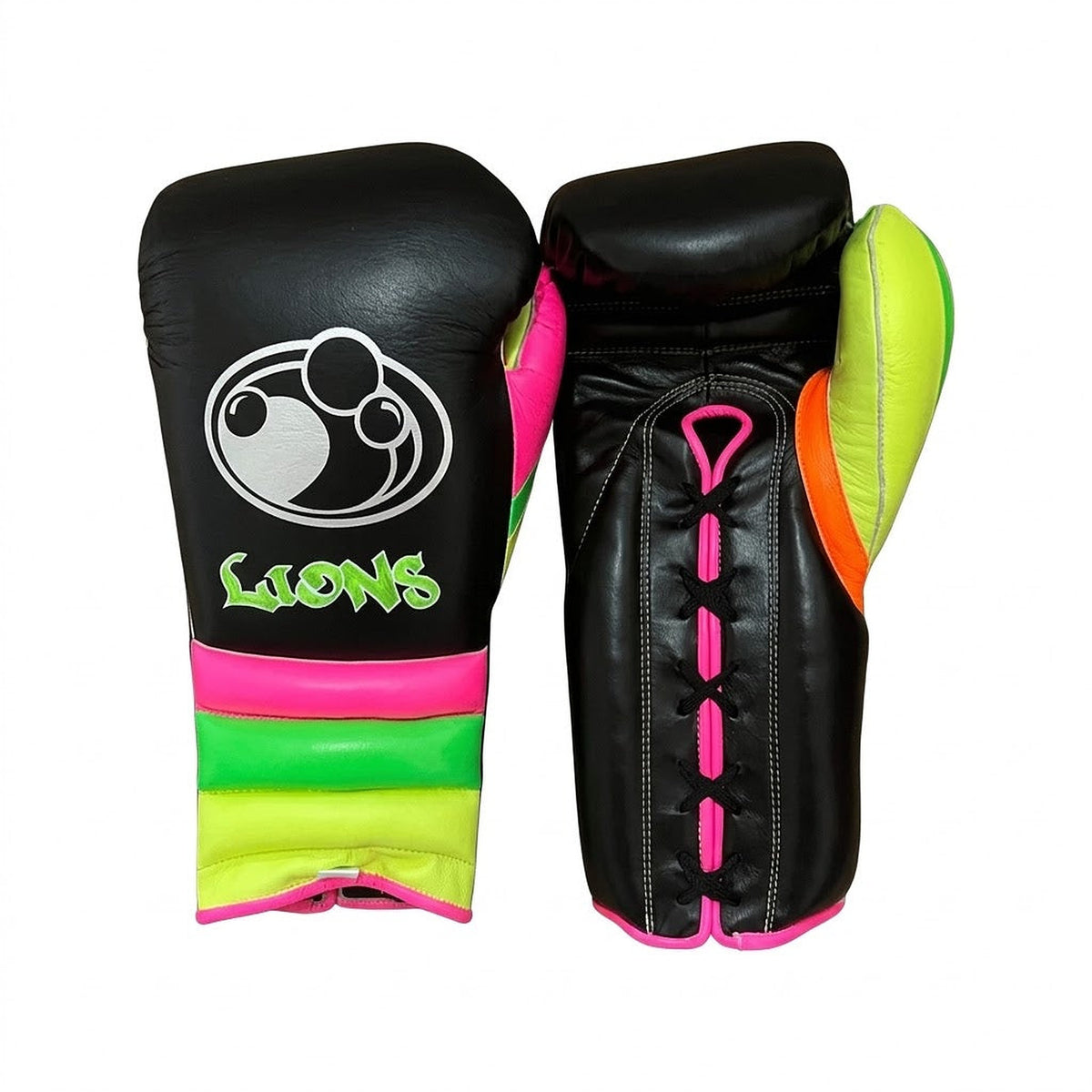 Grant black lace-up boxing gloves, headgear and groin guard with neon pink and lime green cuff stripes - side view
