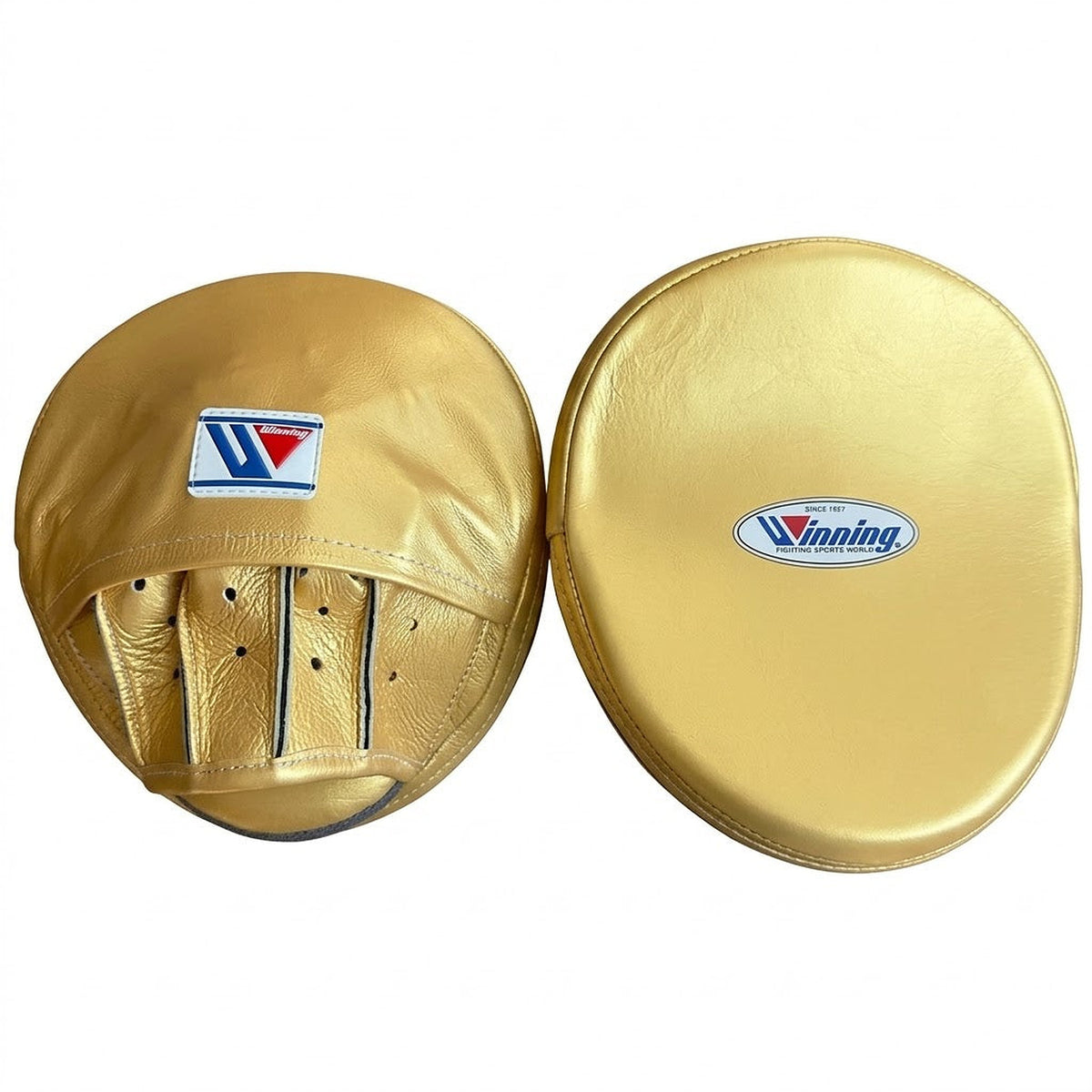 Winning metallic gold curved focus mitts with shiny gold finish across the face and grip, shown as pair