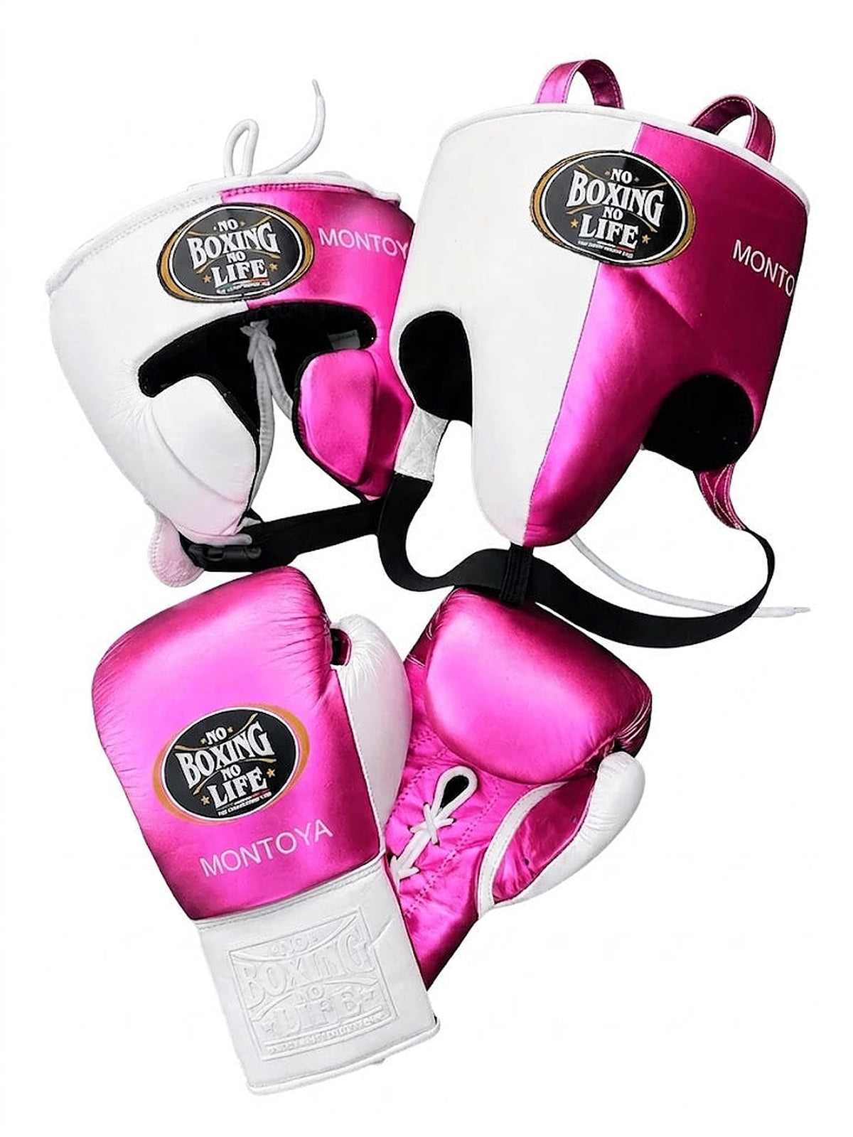 No Boxing No Life lace-up boxing gloves, headgear and groin guard split white and metallic fuchsia pink