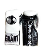 Grant boxing gloves with white back, black palm and white laces, classic two-tone lace-up design - close-up of logo and cuff