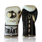 Grant cream white lace-up gloves, headgear and groin guard with gold script sample names on each piece - side view