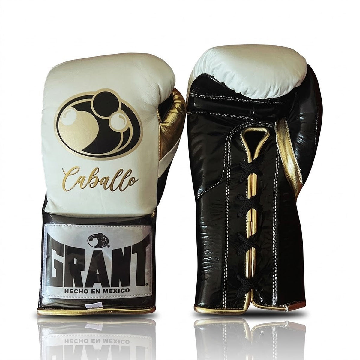 Grant cream white lace-up gloves, headgear and groin guard with gold script sample names on each piece - side view