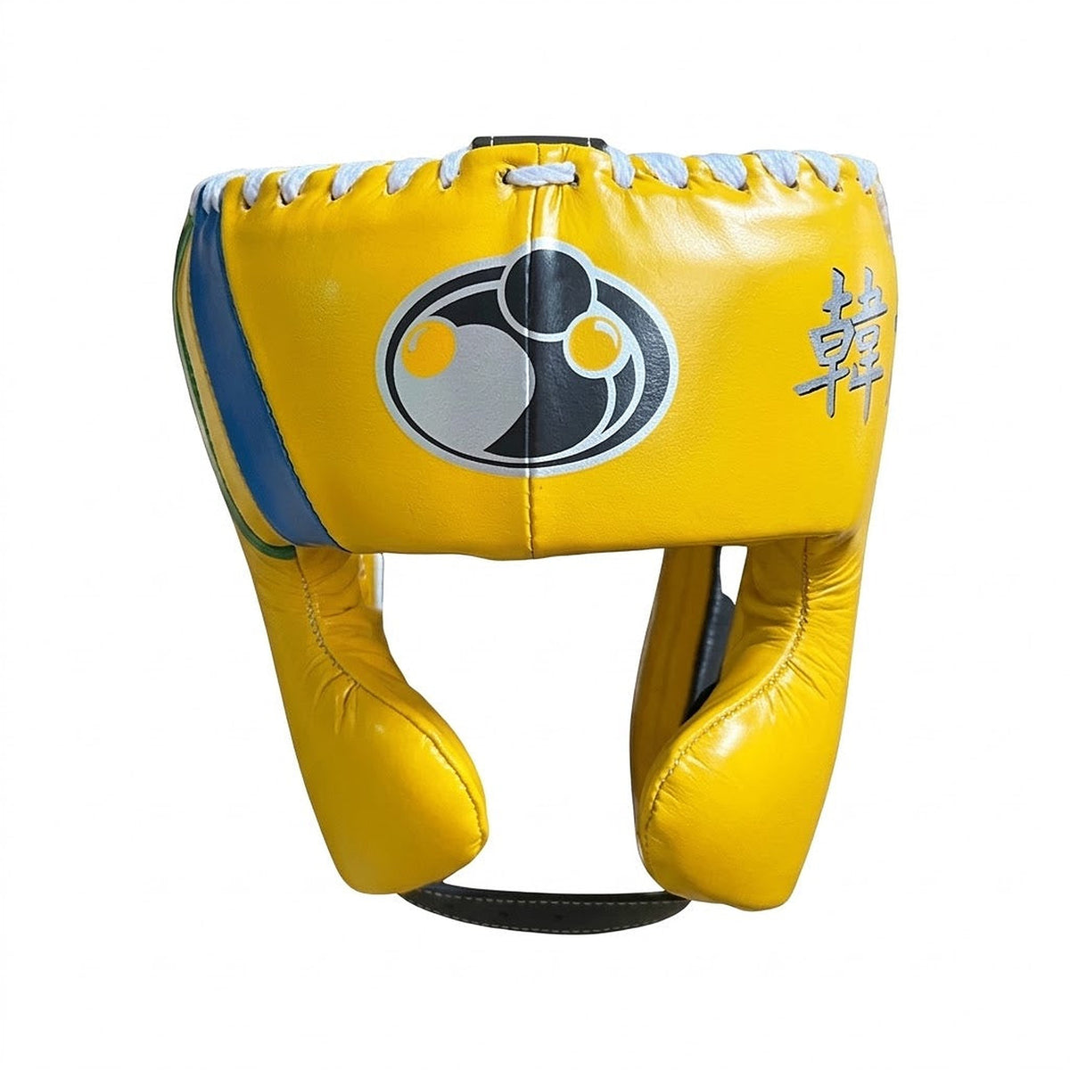 Grant yellow lace-up boxing gloves and yellow headgear with green and blue stripes on the cuffs - palm and closure detail