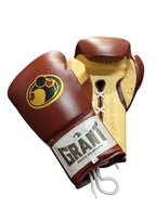 Grant chocolate brown boxing gloves with cream palm and white laces giving a vintage lace-up look - alternate angle