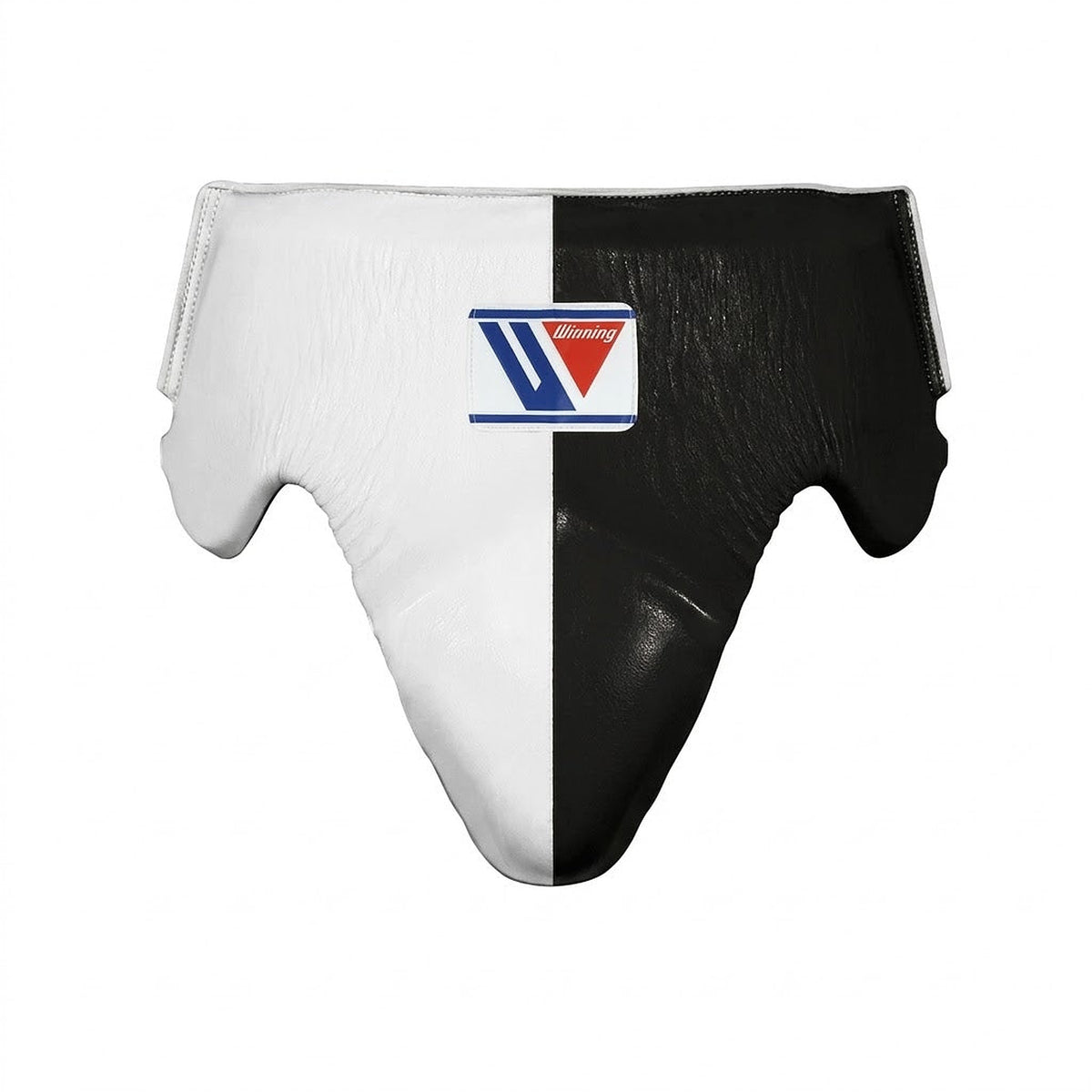 Winning groin guard split into a clean white half and a solid black half for a monochrome look