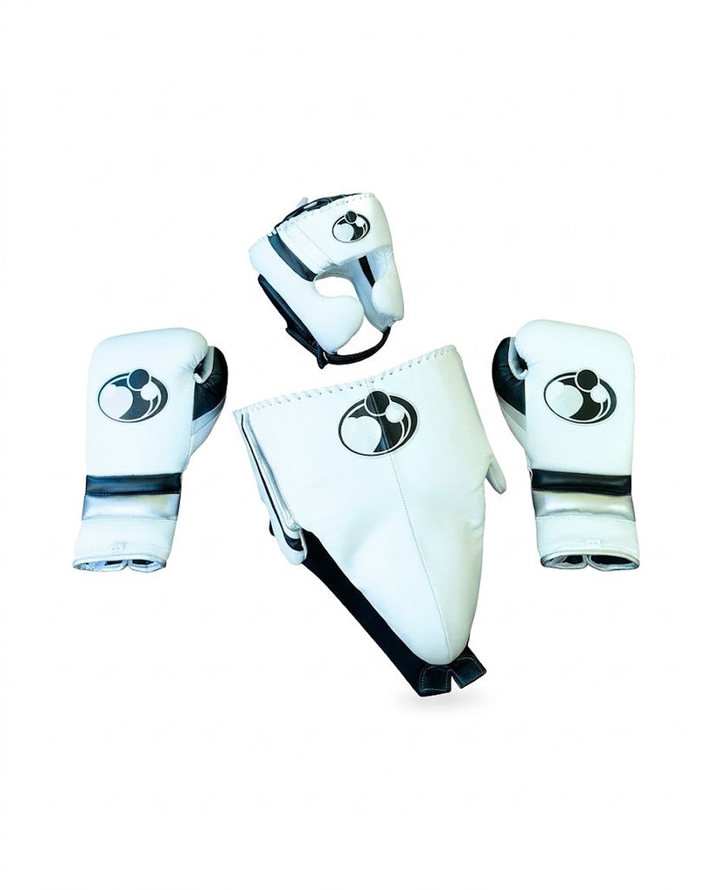 Grant white lace-up boxing gloves, white headgear and white groin guard outlined with black trim