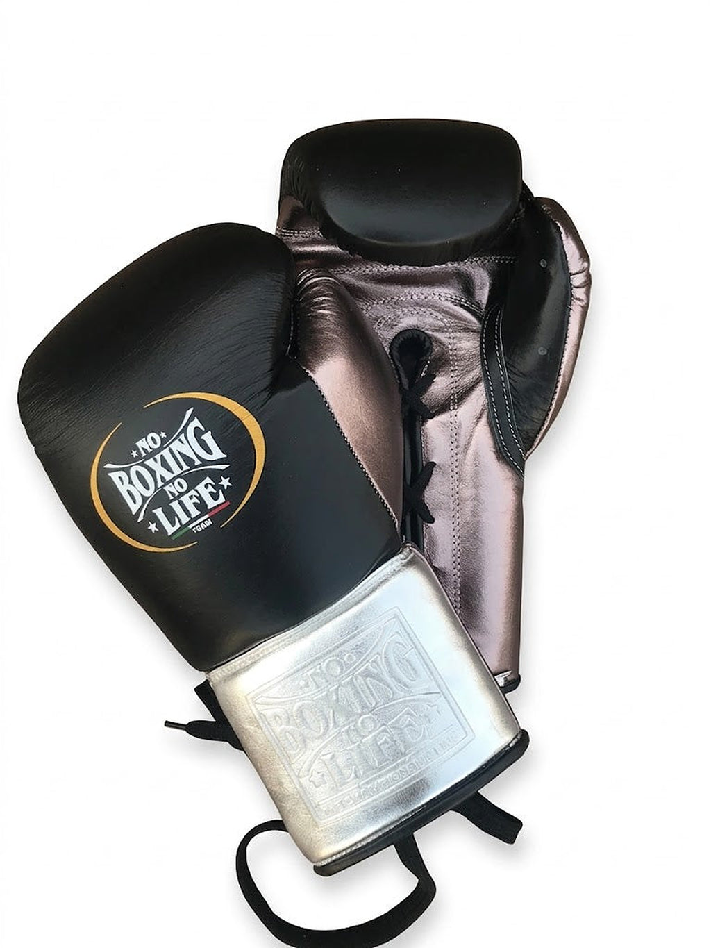 No Boxing No Life lace-up boxing gloves with black back and metallic silver palm and cuff - alternate angle