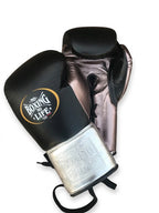 No Boxing No Life lace-up boxing gloves with black back and metallic silver palm and cuff - alternate angle