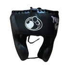 Grant all-black lace-up boxing gloves, black headgear and black groin guard laid out as a complete set - alternate angle