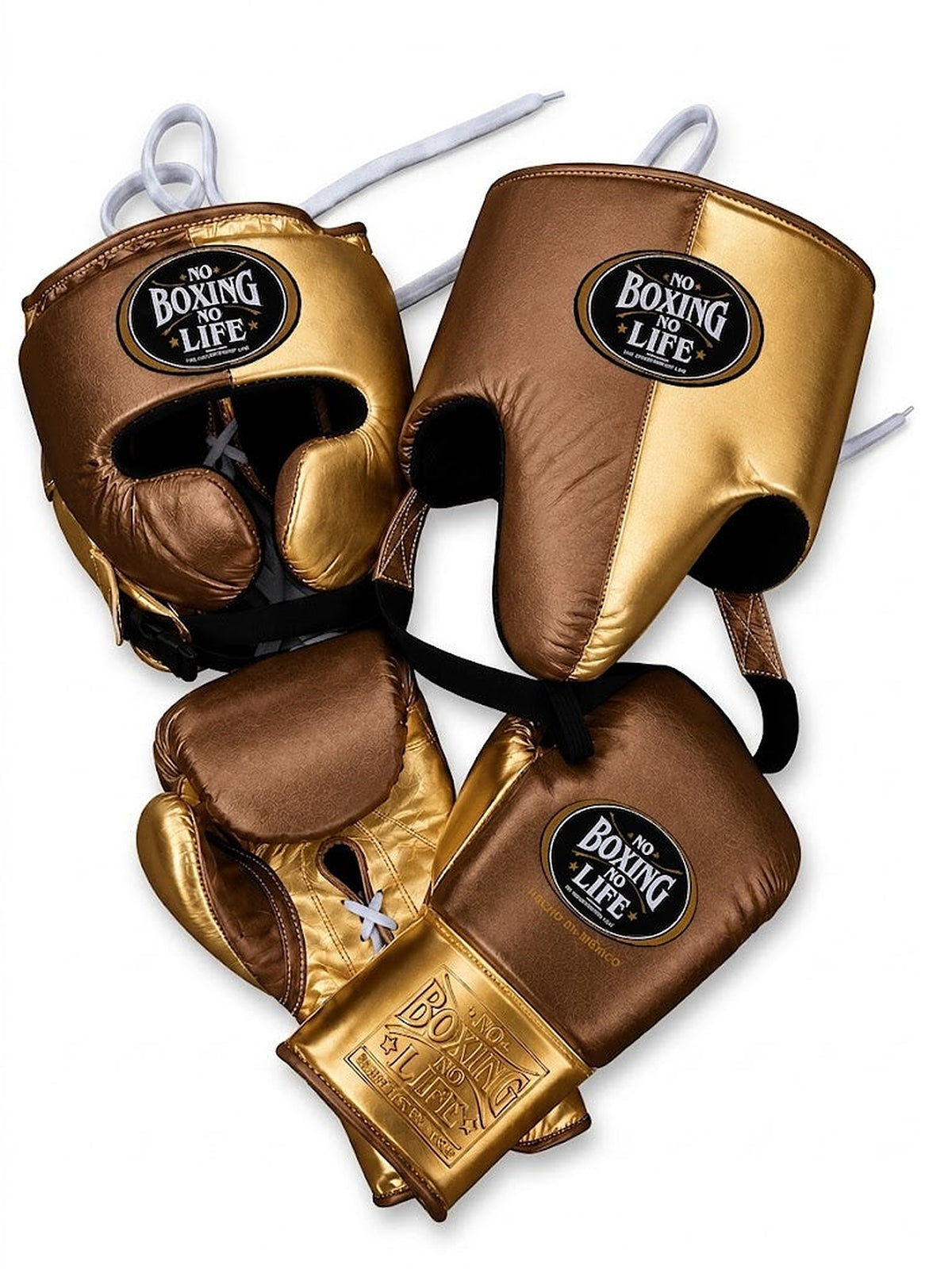 No Boxing No Life lace-up gloves, headgear and groin guard in a metallic bronze and brown split design