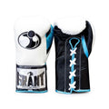 Grant lace-up boxing gloves with white back, black palm, sky blue laces and sky blue trim