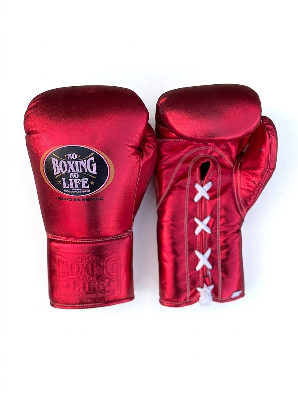 No Boxing No Life navy blue and metallic red lace-up gloves with matching headgear and groin guard - alternate angle